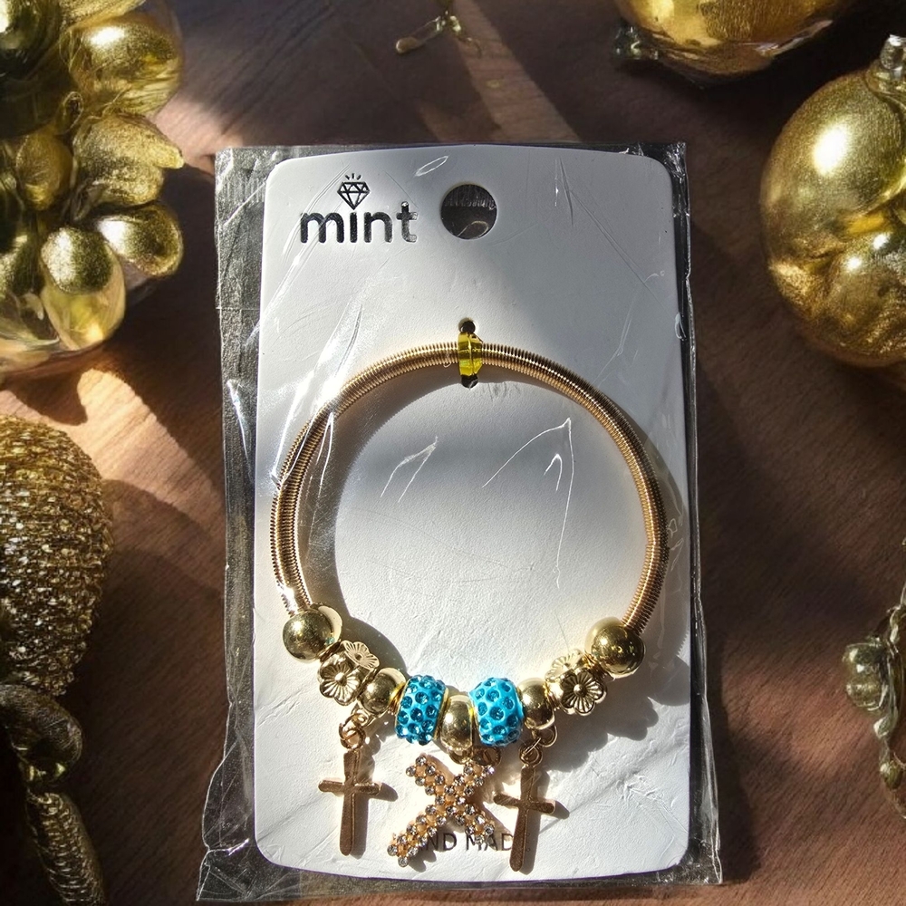 Mint Gold Bracelet with Blue Cross Charms